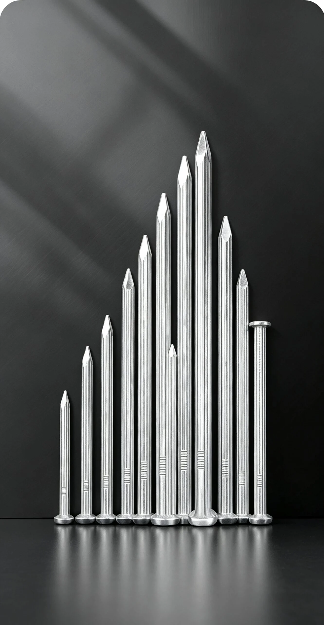 Galvanized steel concrete nails in multiple sizes